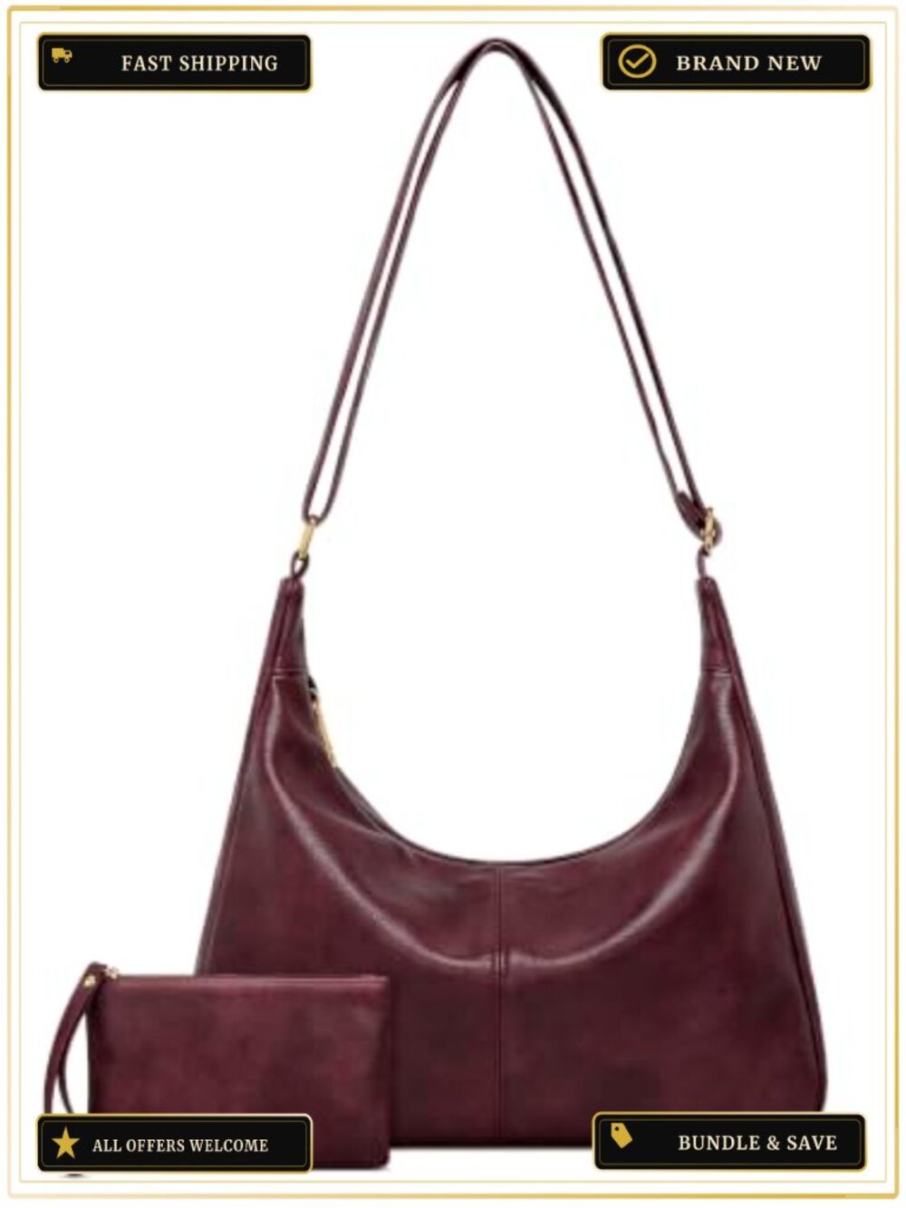 Slouchy Hobo Bag Vegan Leather Shoulder Purse Adjustable Strap